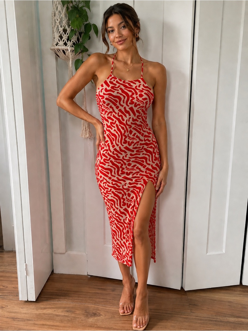 Band of the Free women’s S Orange peach midi dress spaghetti strap w side slit